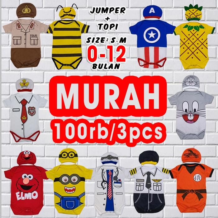 BAJU BAYI KARAKTER ROMPER SET JAMPER KAOS PAKAIAN LAKI LAKI PEREMPUAN NEWBORN JUMPER PROFESI BUAH HE