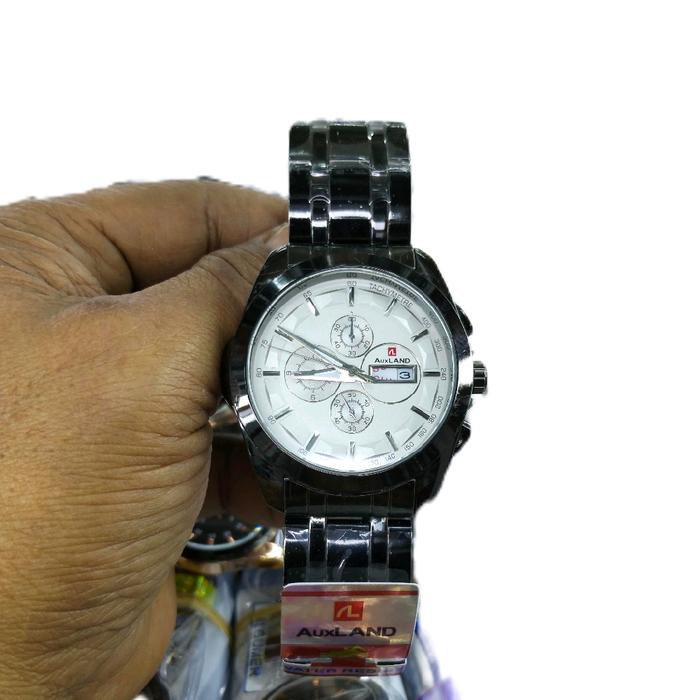 AUXLAND Jam Tangan Pria Fashion Original Rantai Padat Hitam Tanggal Dan Hari Aktif Penuh Gaya Murah 