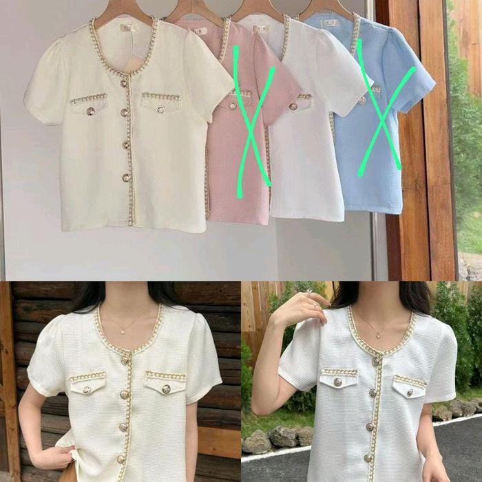 Kemeja Blouse Wanita Bahan Tweed Korean Look import Bangkok lengan Pendek LD 80 - 100cm Atasan Top