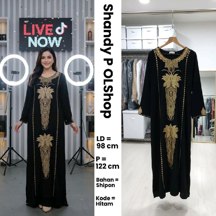 Gamis thrift local warna hitam motif Kembang warna emas