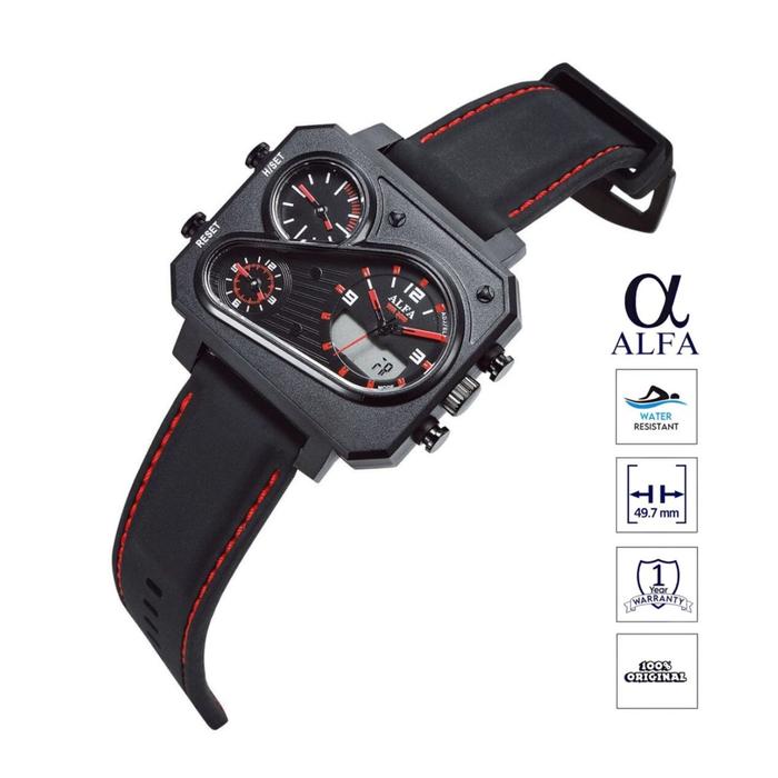 Jam Tangan Pria Original Alfa Ad2-880068 Four Time Analog Digital Watch Tali Kulit Free Box Garansi 