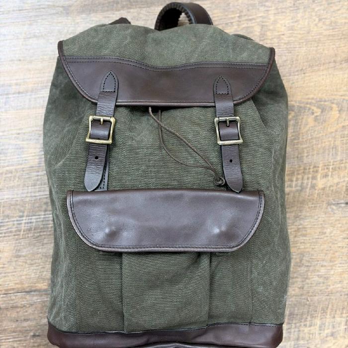 Filson Rugged Olive Green Brown Leather Canvas Drawstring Rucksack Backpack Original Made In Japan
