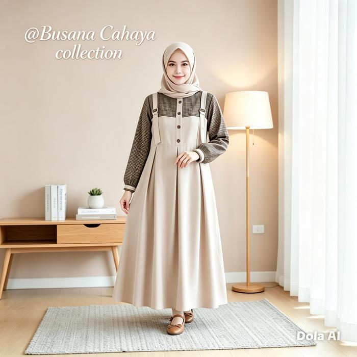 Busana Cahaya Collection Baju Lebaran Anak 10-12 Style Korea Gamis Remaja Dress Overal Kotak-Kotak M