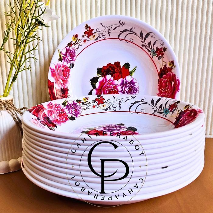 PROMO 6PCS PIRING MELAMIN TEBAL BESAR 23 CM PIRING CEKUNG MOTIF TERLARIS - 6 PCS MAWAR MERAH