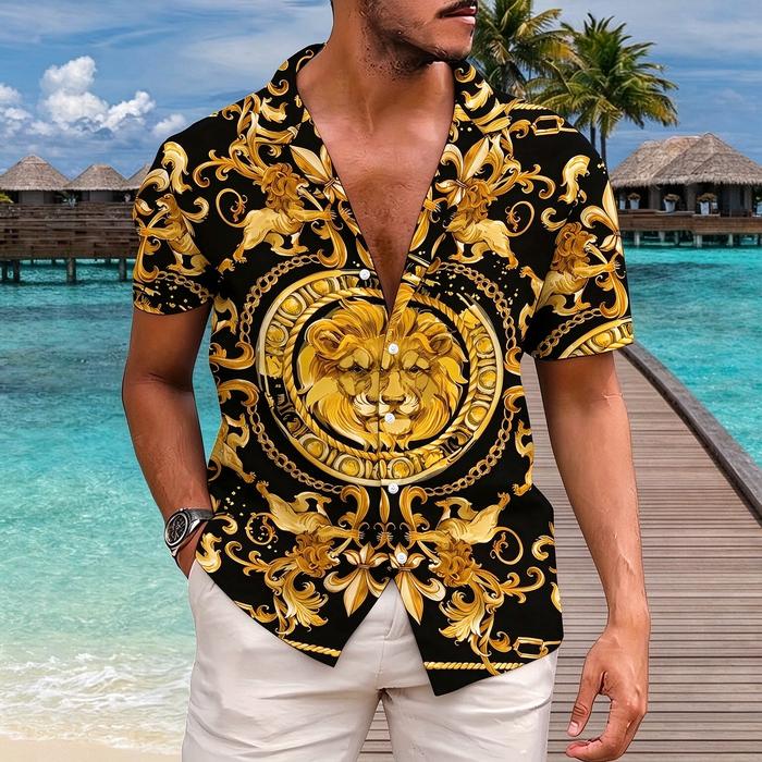 Kemeja Pria Lengan Pendek Kerah Kuba Motif Singa Emas Mewah 3D Full Print, Bahan Ringan Bernapas Gay