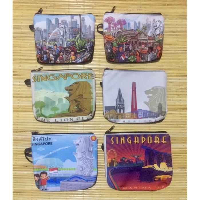 Dompet Souvenir Khas Singapura, Pouch Kanvas Resleting Atas untuk HP dan Uang