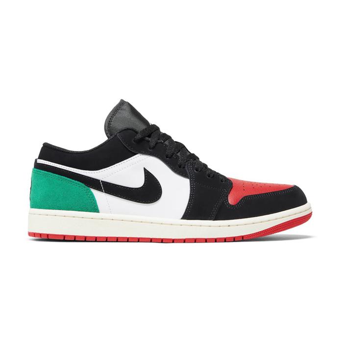 Air Jordan 1 Low Quai Sepatu Sneaker Pria dengan Desain Warna Hitam Putih Hijau dan Merah