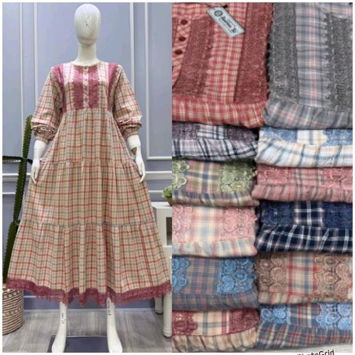 Midi Salvina Katun Triset Motif Kotak Muslim Wanita Lebaran