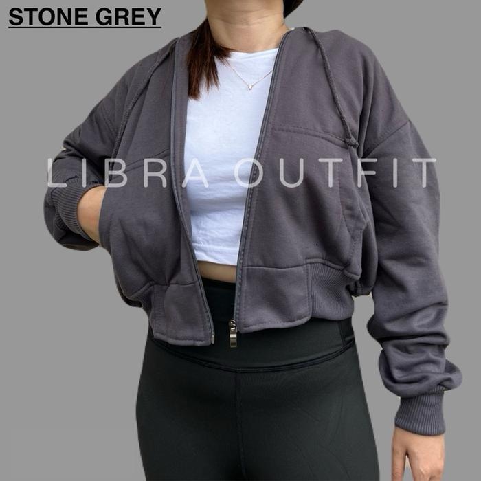 Jaket Croope Hoodie Zipper Wanita Jaket Crop Top Hodie Sage Grey Cream Brown Mint Denim Pink