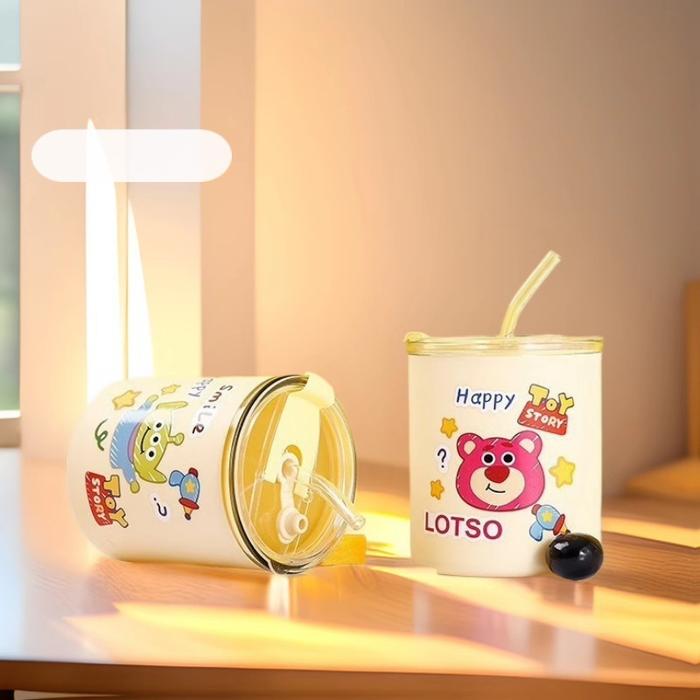 Gelas kaca lucu TOY STORE terbaru mug kaca free box dan sedotan botol kaca viral karakter unik
