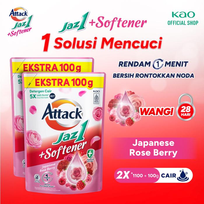 Attack Jaz1 Deterjen Cair + Softener Sabun Cuci Baju Japanese Rose Berry 1200g X2
