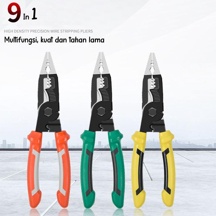 Tang Mutifungsi 9 in 1 Pemotong Kabel Listrik Model Hidung Panjang Stripping Cutter Clamp