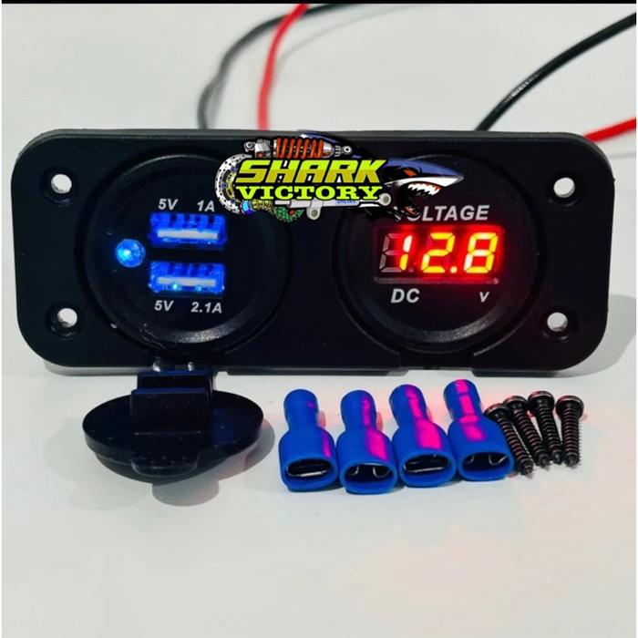 Voltmeter aki motor plus chager usb sepasang model bulat tanam ke bodi digital 12 volt universal mot