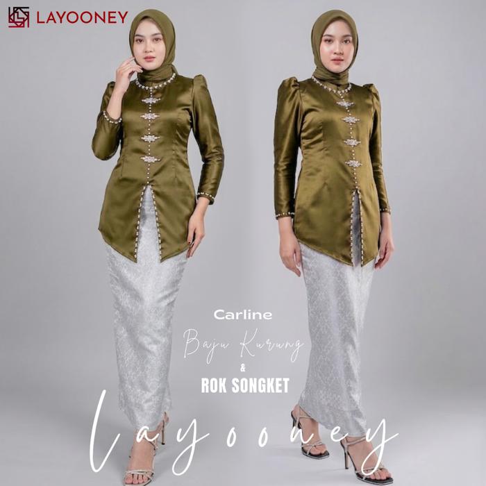Carline One Set Setelan Baju Kurung Rok Songket Wanita Melayu Modern Slimfit Pakaian Kondangan Pesta