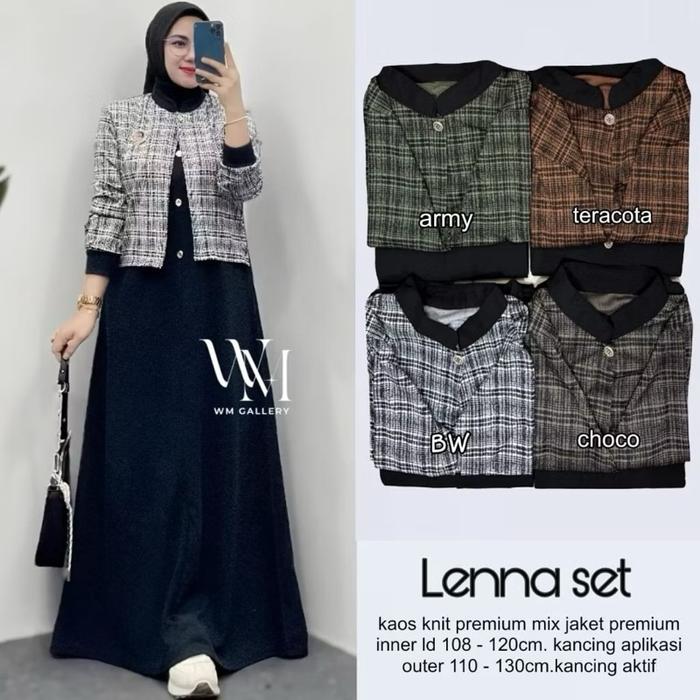 Lenna Set Wanita Hijab Premium – Kaos Knit Mix Jaket Kotak Kancing Aktif, Outfit Muslimah Stylish Te