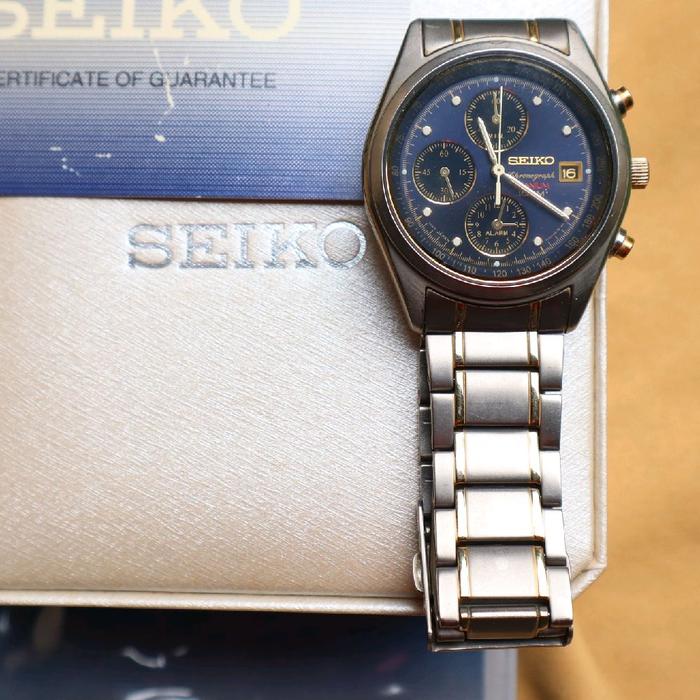 Seiko Titanium alarm chronograph sna557p 7t62 unisex watch jam tangan Pria/wanita