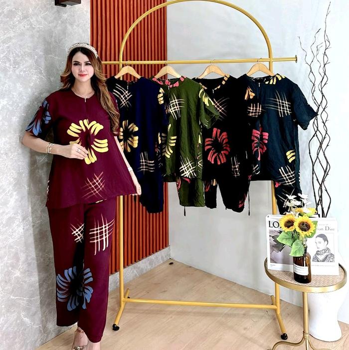 One Set Setelan Wanita Baju tidur Busui Bumil Resleting Bahan Rayon Santung Premium Motif Bunga Adem