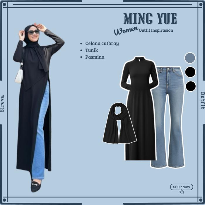 Setelan 3in1 Trend { Tunik + Cutbray Jeans + Pasmina } One Set korean Style | Fashion Wanita Kekinia