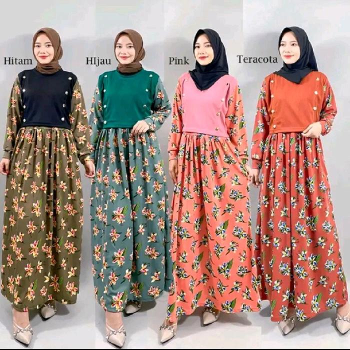 Gamis Rompi Kombinasi Bunga Bahan Voxy Premium - Wanita, Muslim, Dress, Wudhu, Nyaman