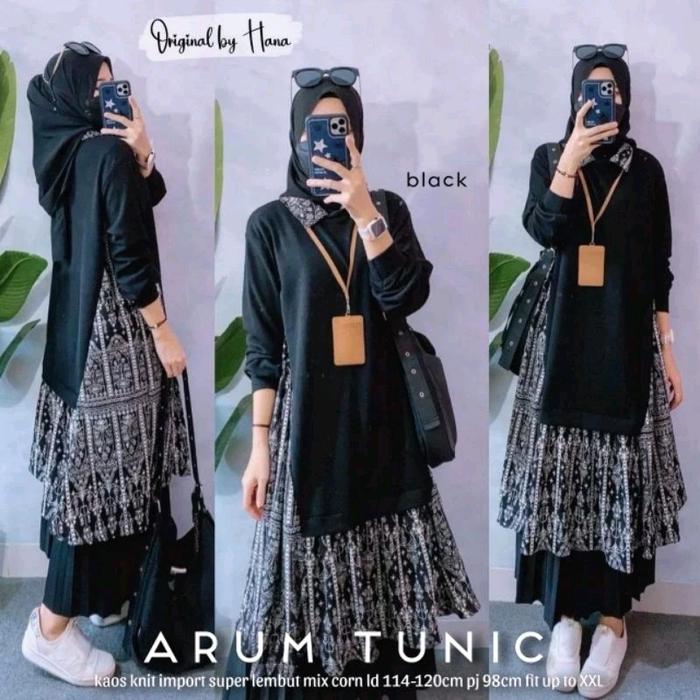ARUM TUNIK BLACK KAOS KNIT PREMIUM ORI HANA JUMBO LD 120