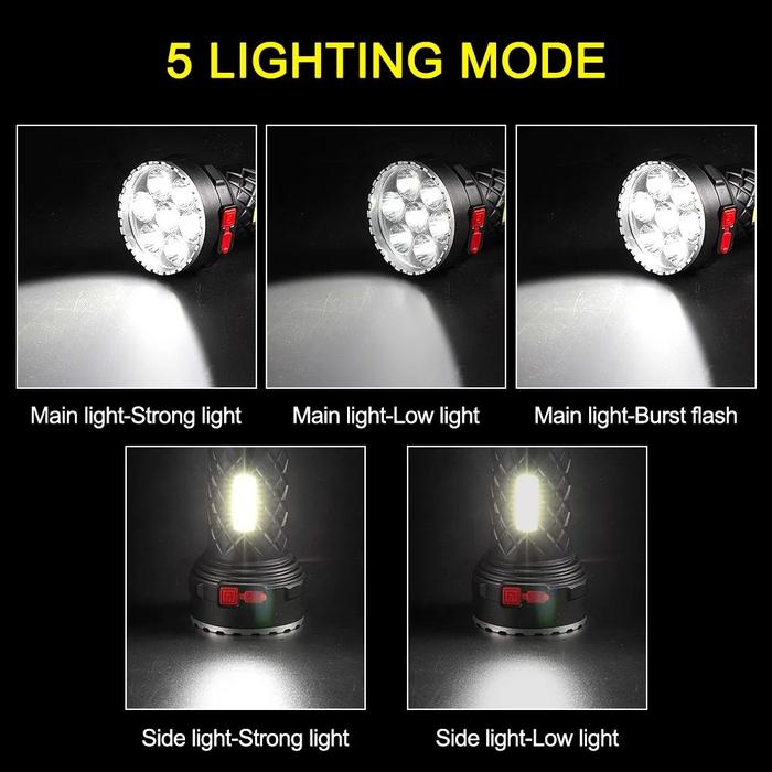 Senter LED Cas 7 Core Jarak Jauh Super Terang dengan USB Rechargeable + Lampu COB Samping Anti Air W