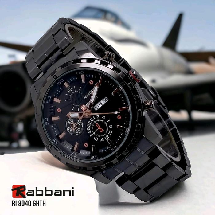 Rabbani 8040 GHTH, Jam tangan Pria, Rantai hitam monochrom, Sporty, tanggal hari aktif, water resist