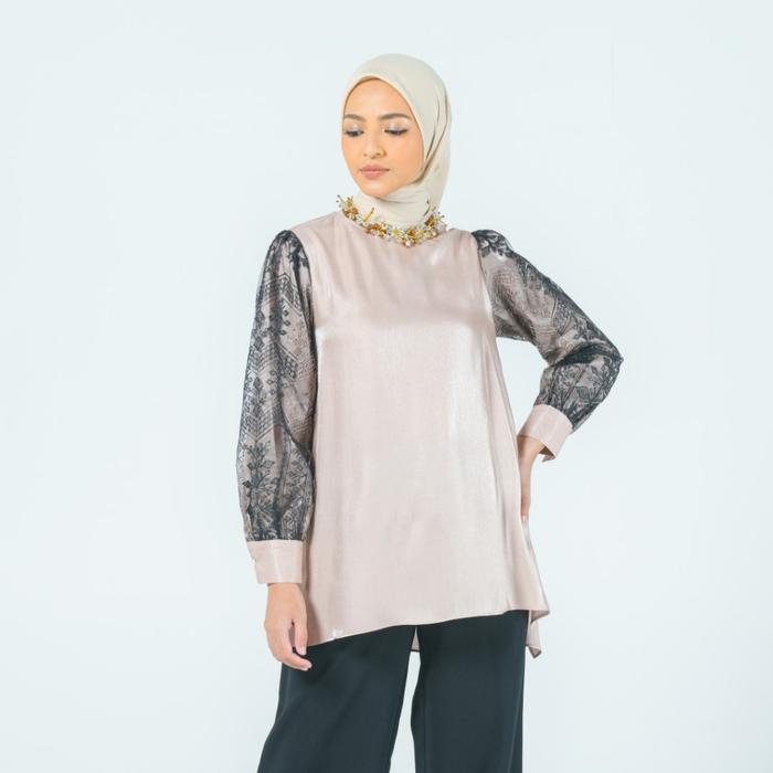 ZOYA Hestia Blouse Brown - Baju Atasan Wanita Tunic Polos Bahan Premium Poly Kombinasi Tulle Lengan 