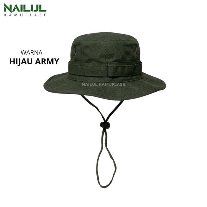 Topi Rimba Eyelet Hijau Army Premium Outdoor dari Kain Ripstop Serat Kotak-kotak untuk Aktivitas Out
