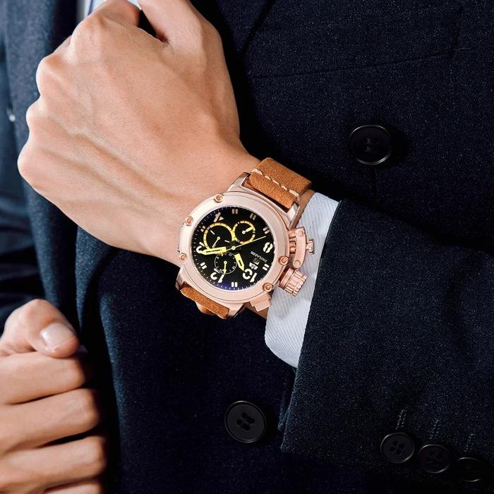 Automatic Mechanical Self Wind Genuine Leather Multifunction Date Boat Month Gold Bronze U Fashion M