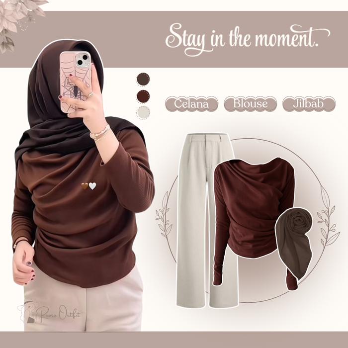 One Set Atasan Remaja Korean Style 3in1 (April Top Blouse - Celana Kulot- Jilbab) OOTD Setelan Casua