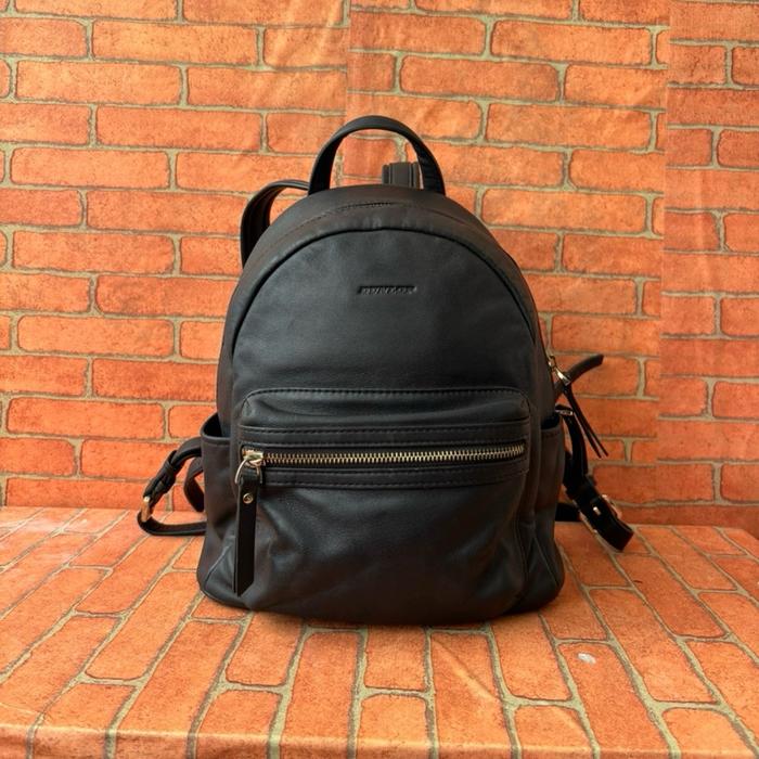 Dunlop Tas Ransel Wanita Hitam Kulit Asli Second Branded Desain Minimalis Kualitas Tinggi untuk Peng