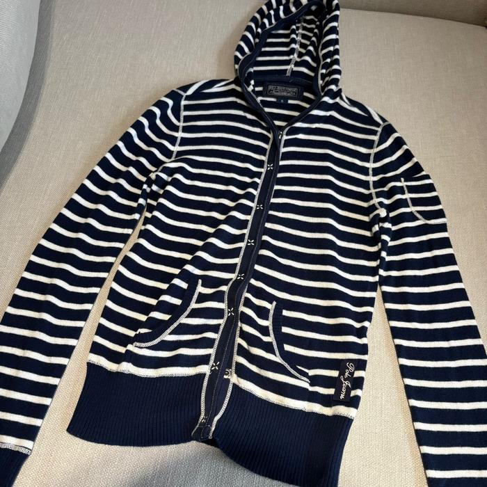 Polo Jeans Co  Ralph Lauren full-zip striped hoodie. navy bluewhite horizontal stripe pattern with a