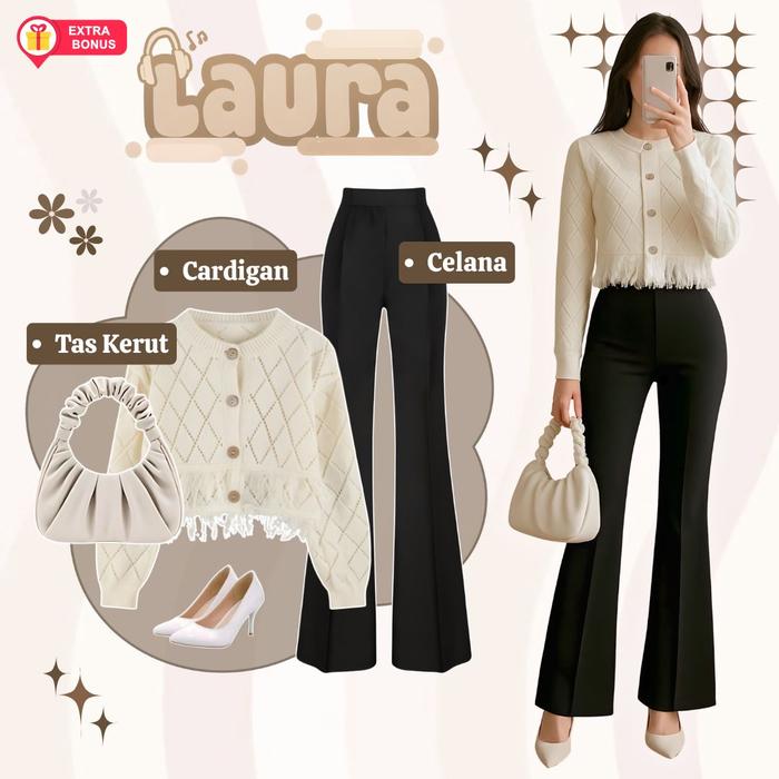 One set 3in1 cardigan kardigan celana cutbray scuba wide leg tas kerut bando topi | ootd outfit ones