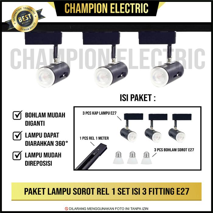 Paket 3 Set Lampu Sorot Rel Rell Spot Track Light Spotlight Tracklight Fitting E27 MR16