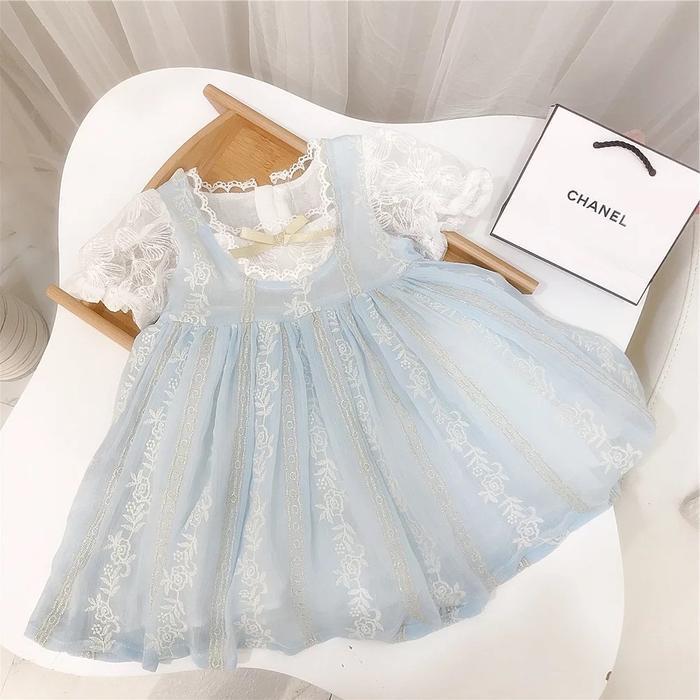 Dress Noni Ue Ala Putri Kerajaan | Gaun Biru Muda Kombinasi Putih Brukat | Style Anak Perempuan Angg