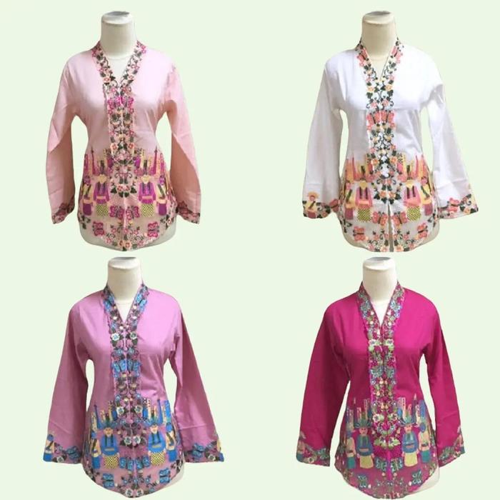 Kebaya Encim Ondel Ondel Betawi Bahan Katun Kombinasi Bordir Warna Dusty Pink / Putih /Magenta /Salm