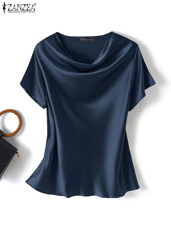 ZANZEA Summer Fashion Satin Blouse Women Short Sleeve Solid Shirt Female Casual OL Work Tunic Tops E