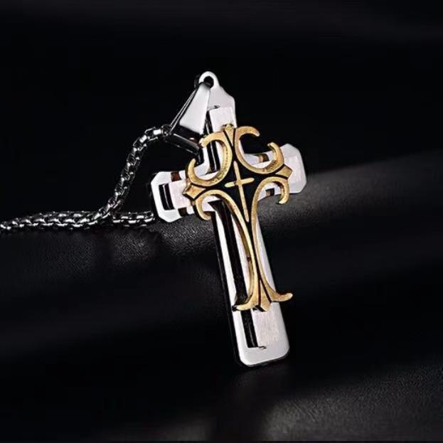 Elloise kalung cowok keren 60cm EN271 Kalung rantai liontin salib ganda pria/wanita Liontin persegi 