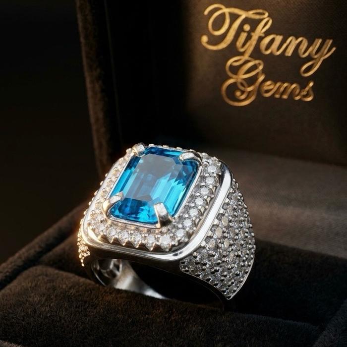 Cincin Batu Permata Blue Topaz Elektrik Blue Ring Mewah