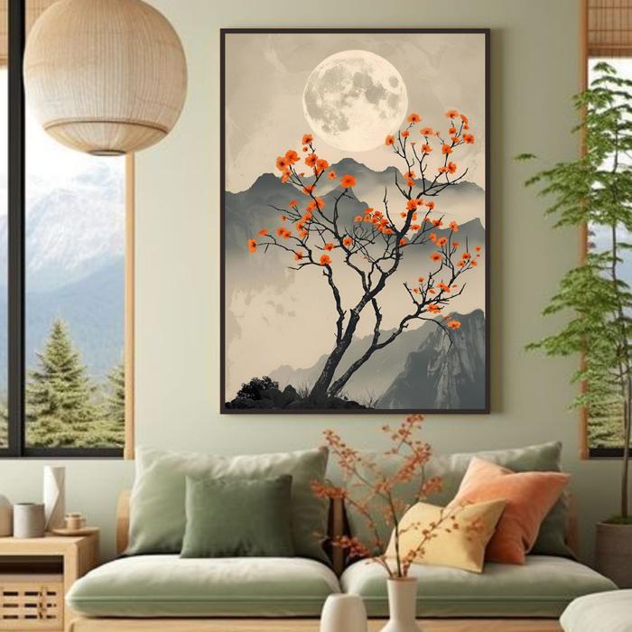 KKS - LUKISAN POHON HOKY - LUKISAN POHON JEPANG - LUKISAN TEMA MANDARIN - LUKISAN KANVAS