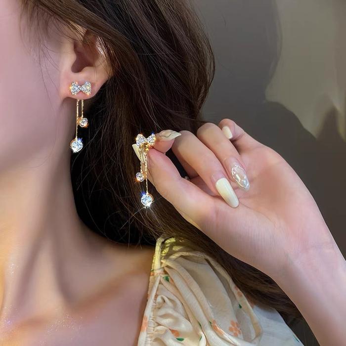 S925 Silver Stitch Star Bow Tassel Earrings Women Niche Earrings Light Luxury Style Earrings
