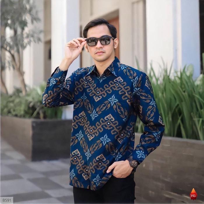 Kemeja Batik Pria Lengan Panjang Motif Zig Zag Navy Bahan Kain Katun Lembut Nyaman M,L,XL,XXL Formal