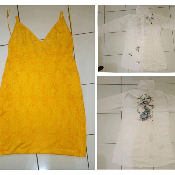 BUNDLING - (Zara W/B collection dress tali sling kuning full laces + Tunik Putih Bordir Bunga Lengan