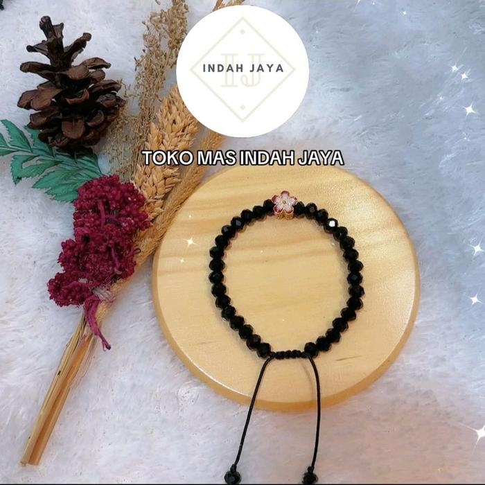 Gelang Tangan Bracelets Crystal Serut + Liontin Emas Motif Bunga (EMAS ASLI) Kadar 375 / 8K berat 1 