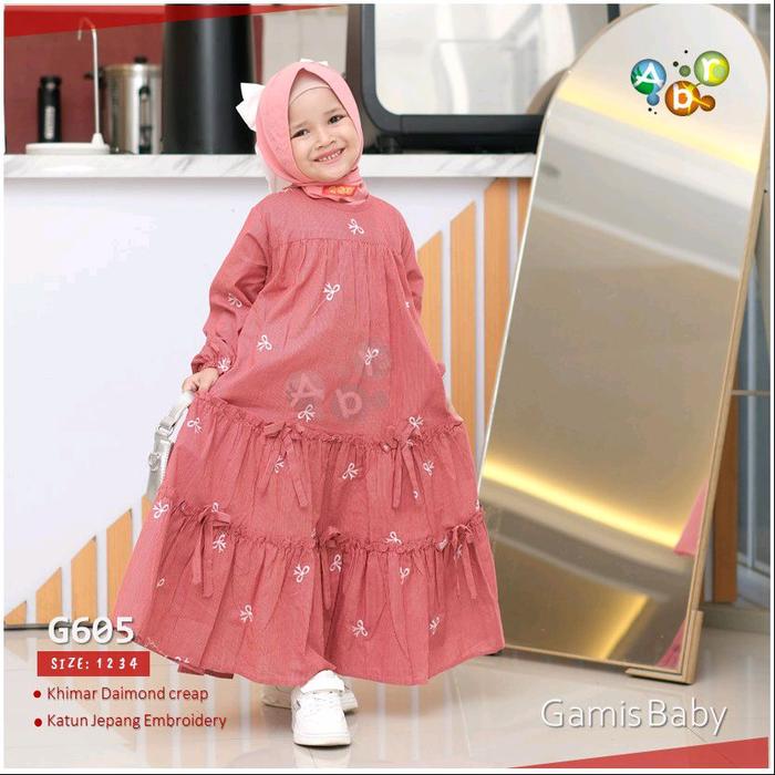 G605abr/gamis anak perempuan/gamis abr/gamis putih/gamis sekolah