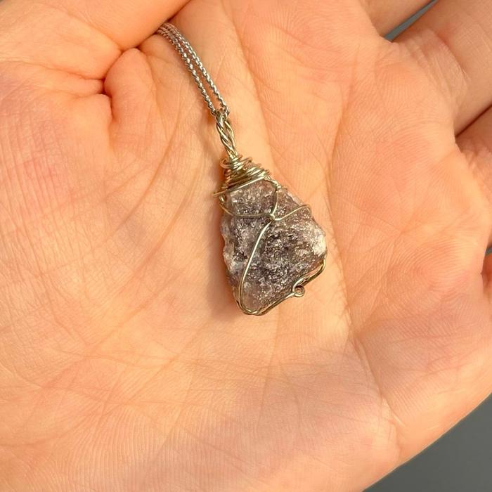 Raw Iolite Stone Necklace - Wire Wrapped Blue Silver Chain Crystal Kalung