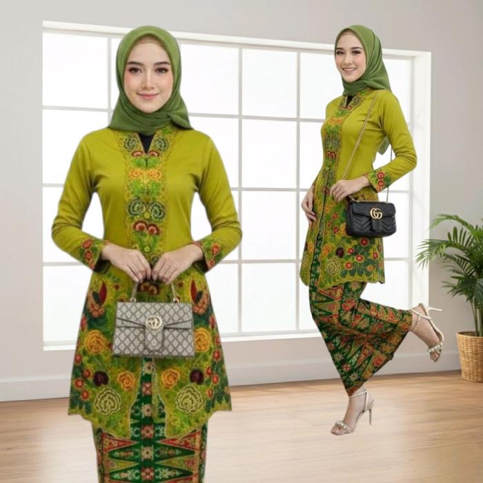 {Toko.Sky} Setelan Kebaya Encim Bordir Merak - Katun Jepang Toyobo Fodu - Rok Tumpal Batik - Kancing
