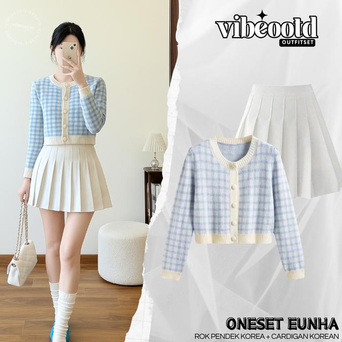 Eunha Outfit Set Wanita ( Rok Mini  Pendek + Baju Cardigan Motif Kotak  Kancing ) One Set ala Korean
