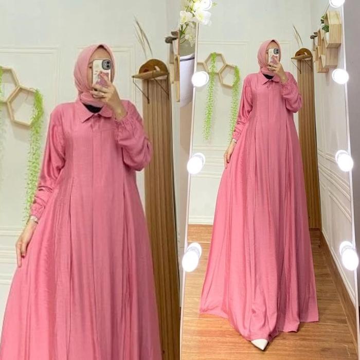 Medina Dress Bahan Polo Linen Gamis Simple Basic Wanita Muslimah Syari Lebaran Ld 110 Pb 140 Busui K