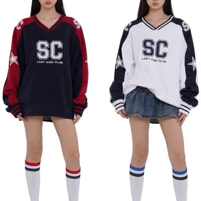 SWEATER V NECK BIGSIZE 90 AMERICAN BLACK COMBINATION RED AND WHITE SWEATER OVERSIZE DESAIN ATASAN LO